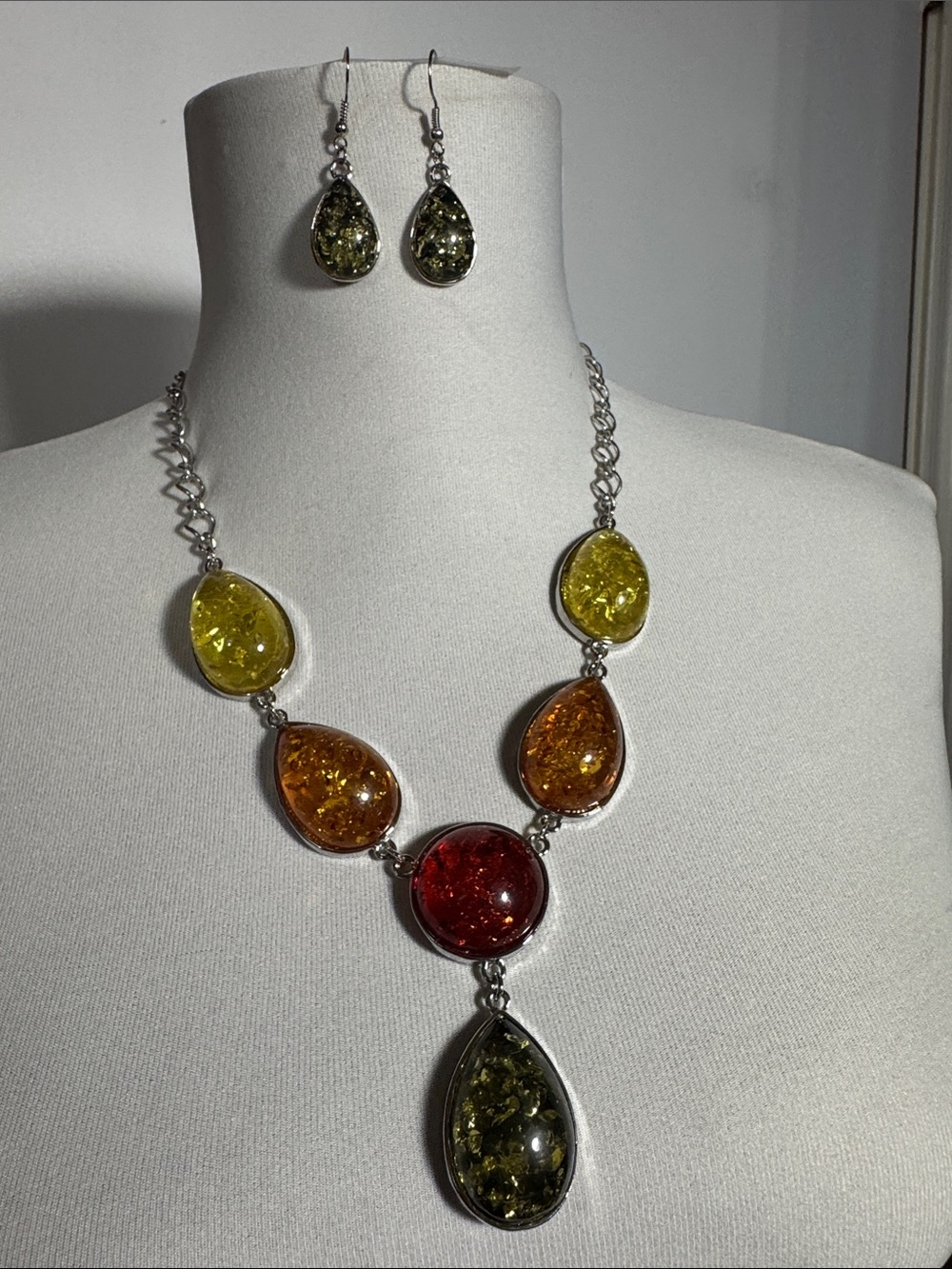 Multicolor Teardrop Amber Necklace & Earring Set